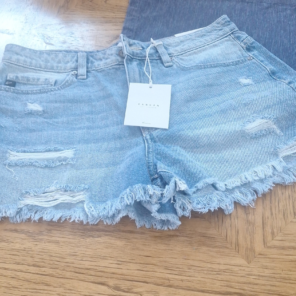 KanCan Distressed Frayed Hem Jean Shorts - Light Blue